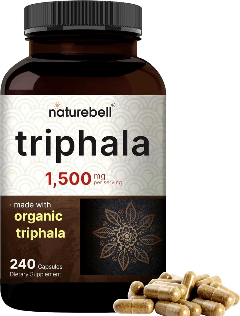 NatureBell Triphala Kapsler Supplement, 1.500 mg Per Serving | Laget med organisk Amla, Bibhitaki, Haritaki Fruktpulver – støtter digestiv helse – dobbelt styrke, ikke-GMO