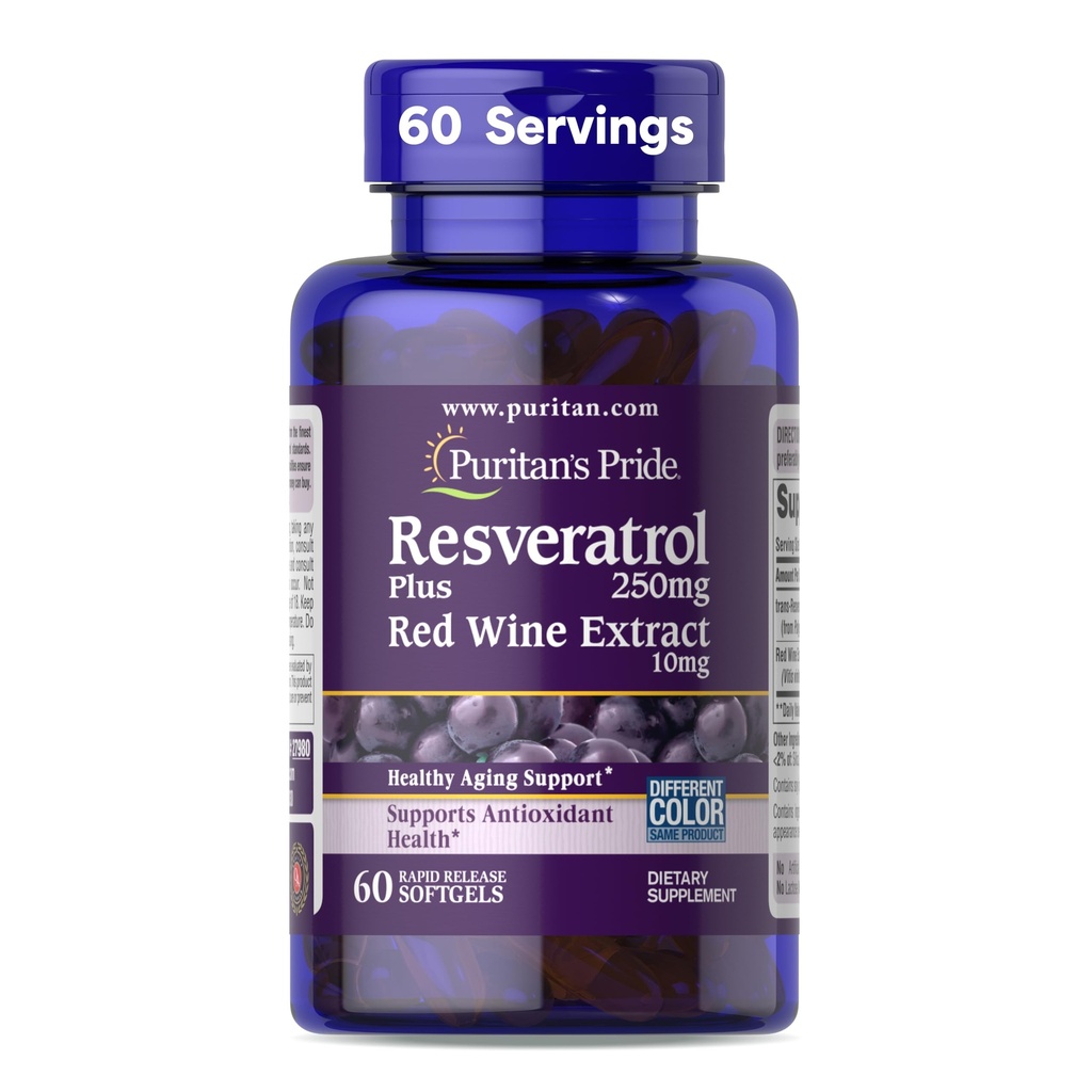 Puritans Pride Premium Resveratrol Youth GuardTM 250 mg, Dietary Supplement for immunsystem, antioksidant, sukkermetabolisme, blodflow og vaskulær funksjonsstøtte, 60 Rapid Release Softgels