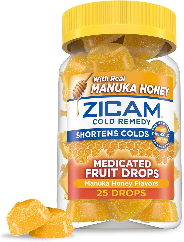 Zicam Cold Remedy Sink Medisinerte fruktdråper, Manuka Honning Flavor, Homeopatisk, Cold Shortening Medisin, Shortens Kald Varighet, 25 Telling