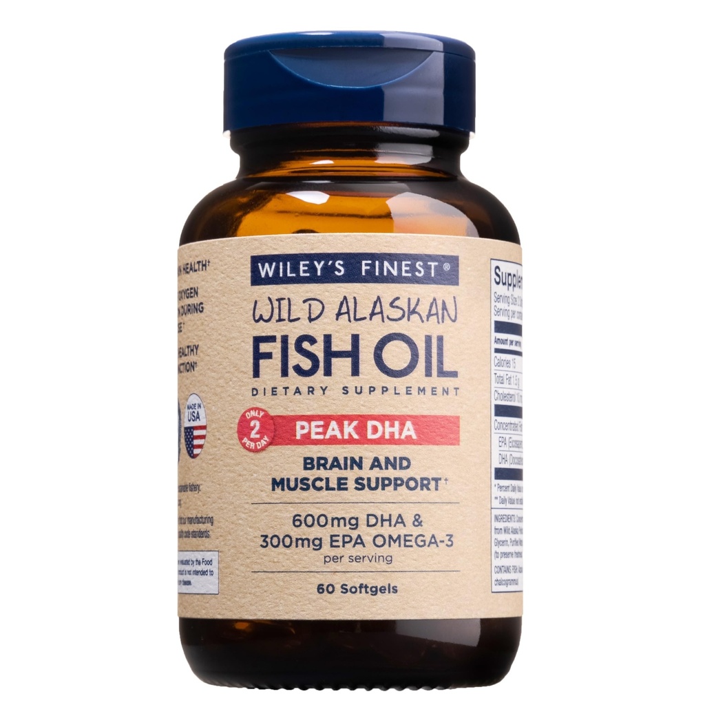 Wiley's Finest Wild Alaskan Fish Oil Peak DHA - 900mg EPA og DHA Omega-3s - 60 Softgels (30 Serveringer)