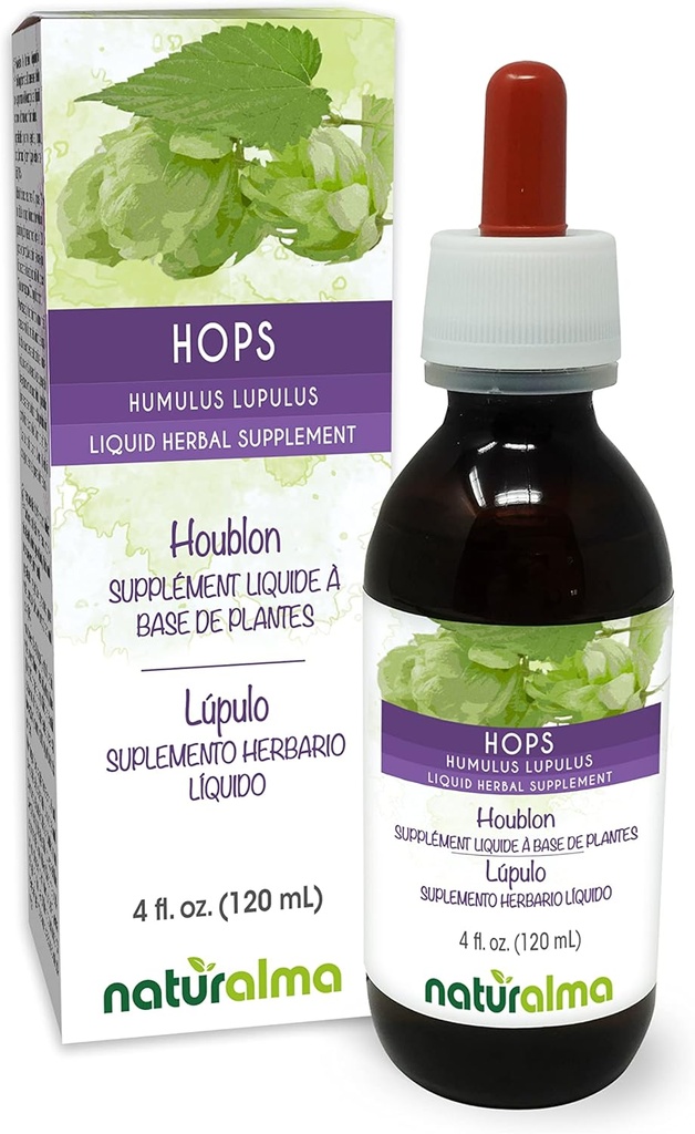 Naturalma Hops (Humulus lupulus) strobilus eller Cone (Kvinne Blomster) Alkoholfri Tinktur - 4 floz flytende ekstrakt i Drops - Herbal Supplement - Vegan