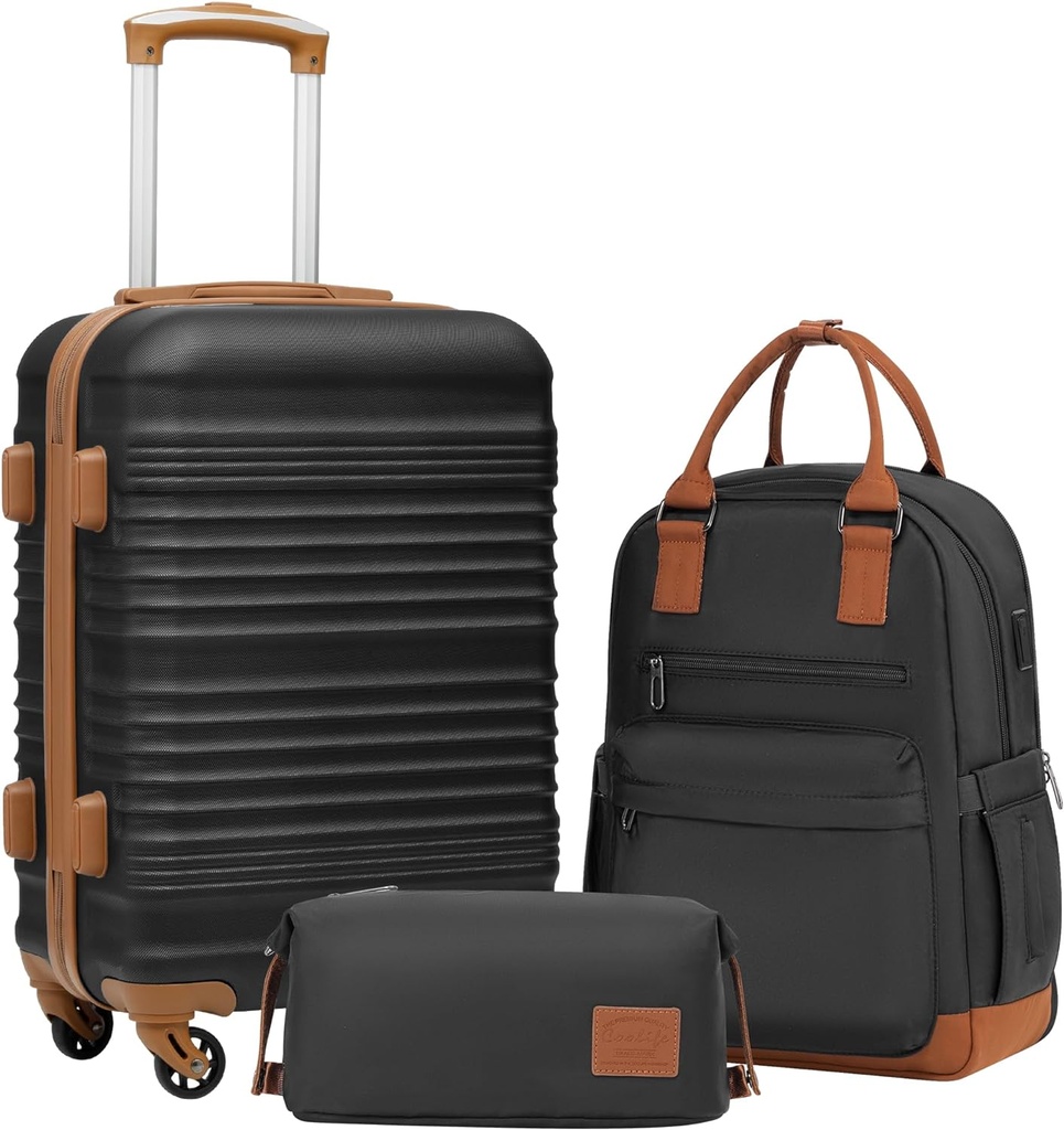 Coolife Bagasjesett 3 Piece Bagasjesett bære på Suit Case Hardside Bagasje med TSA Lock Spinner Hjul (svart, 3 stykke sett (BP/TB/20))