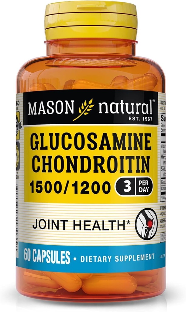 MASON NATURAL Glukosamine Chondroitin 1500/1200 med vitamin C, støtter felles helse for normal fleksibilitet og mobilitet*, 60 kapsler