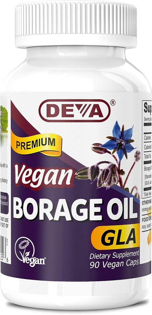 Deva Vegan vitaminer, boreolje 500mg, rik kilde til omega-6 fettsyre GLA (Gamma linolenic Acid), kaldpresset og uraffinert, 90 tabletter, 1-pakke
