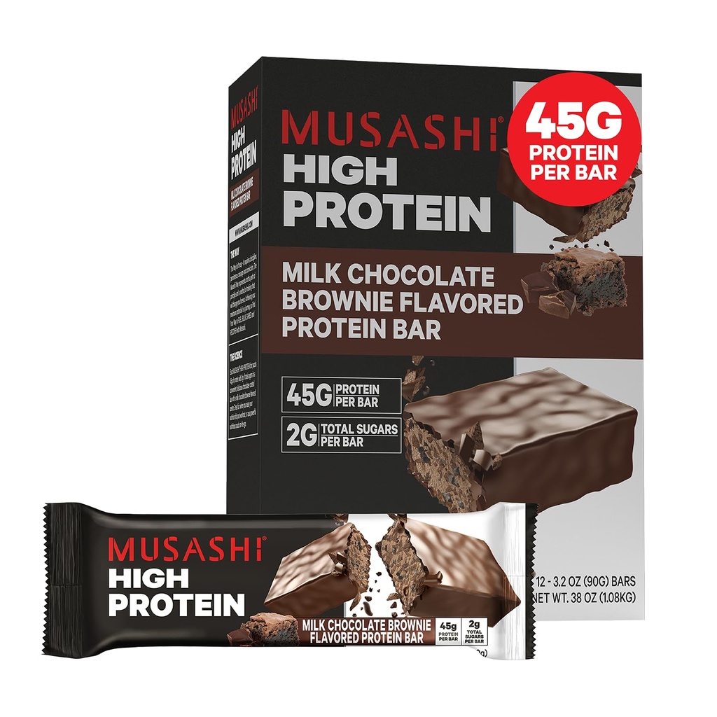 MUSASHI High Protein Bar, 45g Protein, 2g Total Sukker, Melk Sjokolade Brownie, Post Trening og Protein Snack På farten, 12 Pack av 3,2oz (90g) Bars