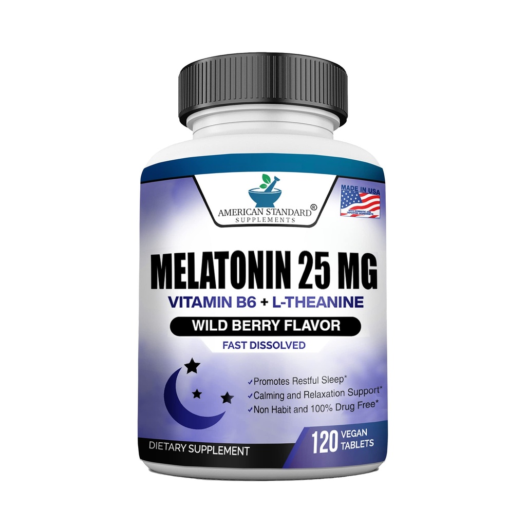 Melatonin 25mg per én tablett, 120 Chewable tablett med L-Theanine og vitamin B-6, støtter sunn søvn syklus , fremmer beroligende og hvilende søvn, Vegansk, NON GMO, laget i USA