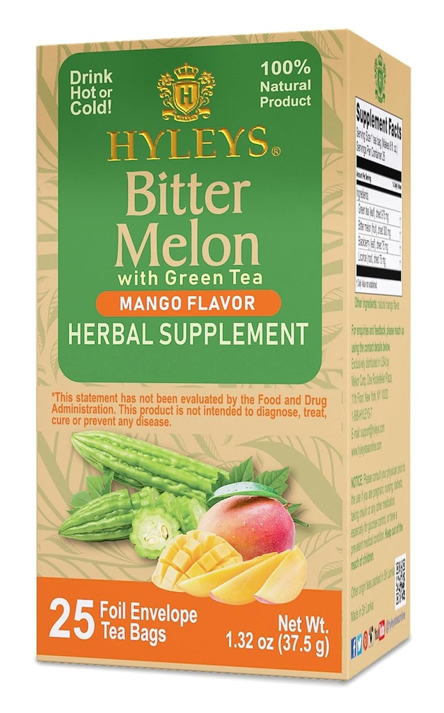 Hyleys Bitter Melon med grønn te - Mango Flavor - 25 teposer - støtter sunn leverfunksjon - Herbal Supplement - (6 Pack - 150 Teposer Totalt)