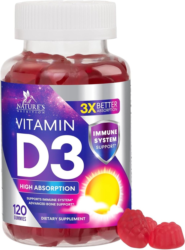 vitamin D3 Gummy 5000 IU (125mg) - Diett vitaminer D Supplement for kvinner og menn - Bein, tenner, muskel og immun helse støtte, høy styrke VIT D3 Naturens ikke-GMO & Glutenfri - 120 Gummies