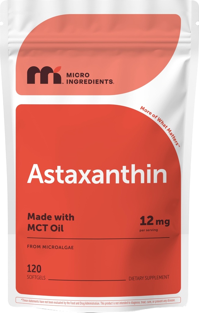 Mikroingrediensene Astaxanthin 12 mg med MCT-olje, 120 Softgels, 4 måneders forsyning | Premium Astaxanthin Antioksidant kosttilskudd* | ferske mikroalgae kilde | Triple Styrke, Ikke-GMO, Glutenfri, Ingen Soya