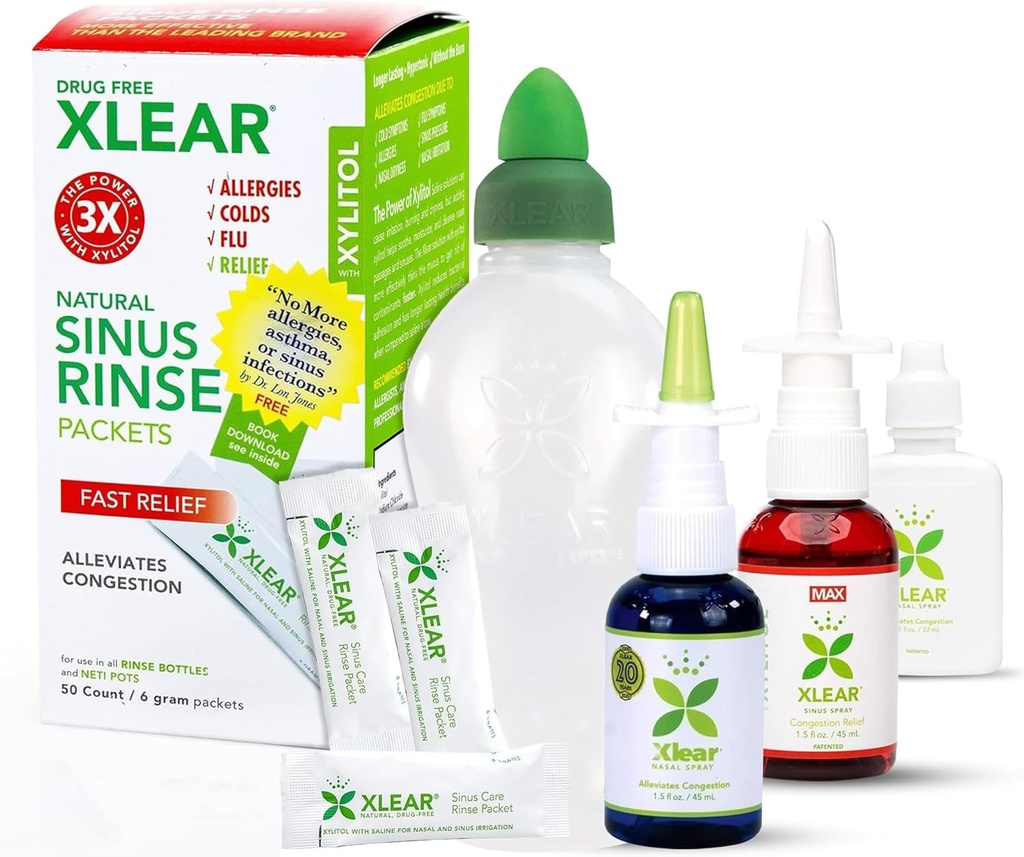 Xlear Allergy Relief Kit, hele dagen Allergi Rescue Kit inkludert Xlear Nasal Spray med Xylitol, Xlear MAX Nasal Spray, Xlear Nasal Rinse Neti Pot og 50 Påfylling Packets