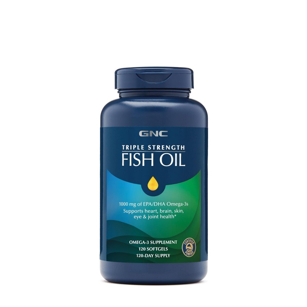 GNC Triple Strength Fish Oil, Twin Pack, 120 Softgels per flaske, støtter hjerte, hjerne, hud, øye og felles helse
