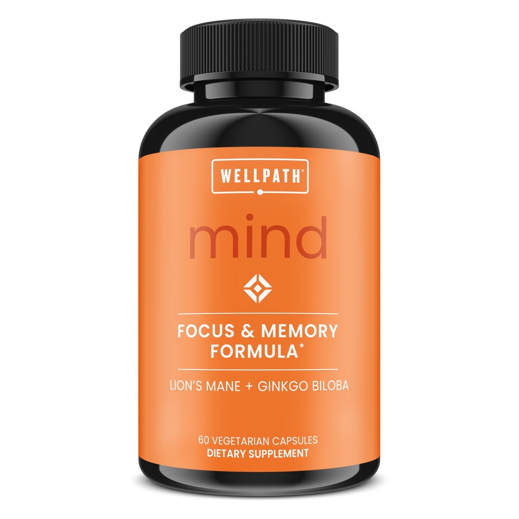 WellPath Mind Brain Supplement for hukommelse og fokus med Lion's Mane | Ginkgo Biloba og L-Theanine for langvarig kognitiv støtte | Vegansk, ikke-GMO, 60 Ct