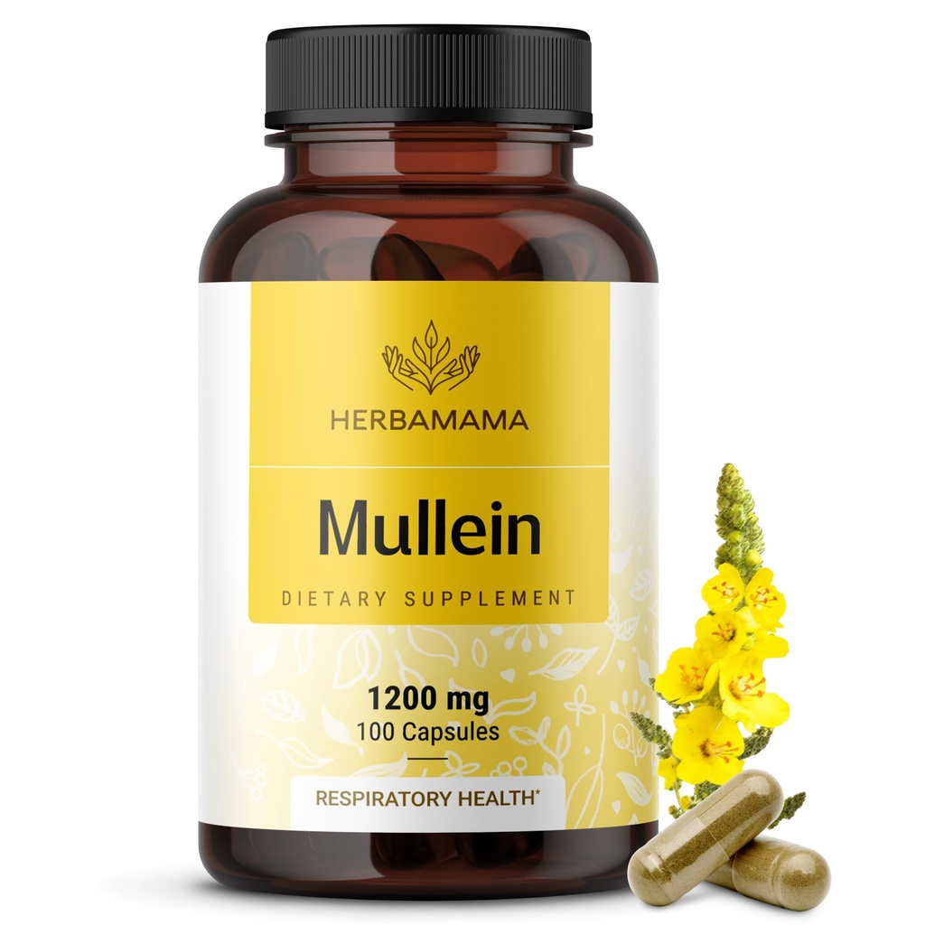 HERBAMAMA Mullein Leaf Kapsler - 1200 mg Mullein Leaf Ekstrakt for Lung Detox Support - Vegan, ikke-GMO Respiratorisk Lung Cleanse Supplement