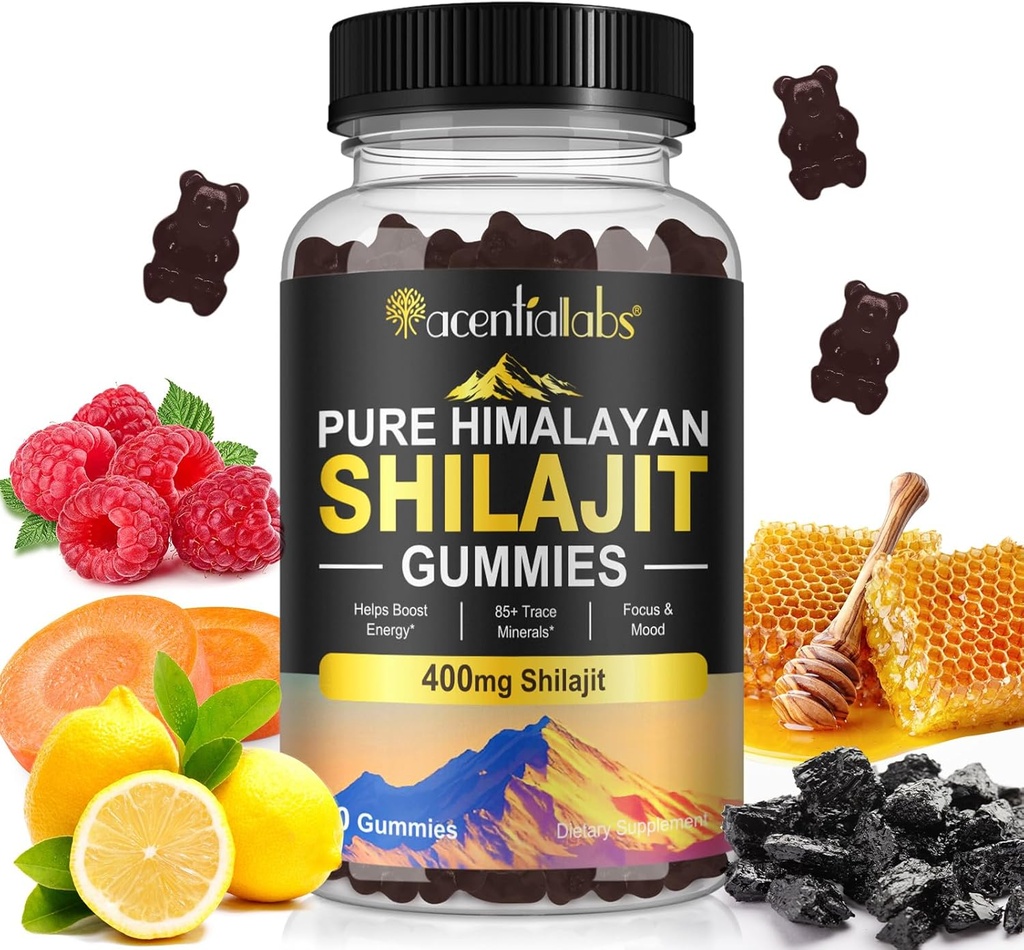 Shilajit Gummies, ren Himalayan Shilajit Gummies med 100% Shilajit, Shilajit organiske gummier rik på Fulvic Acid 85+ Spor Mineraler egnet for menn og kvinner, ikke-GMO - 60 Gummy
