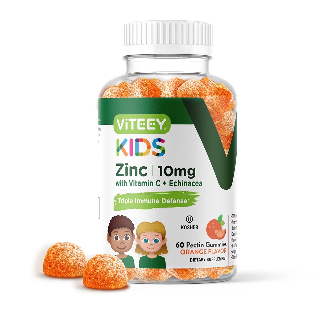 Viteey sink for barn Gummies 10mg, med vitamin C & Echinacea - immun støtte, kraftig naturlig antioksidant, Kids sink vitamin Supplement - Vegan, Gelatin Gratis - Tastig Chewable Orange Flavor Gummy