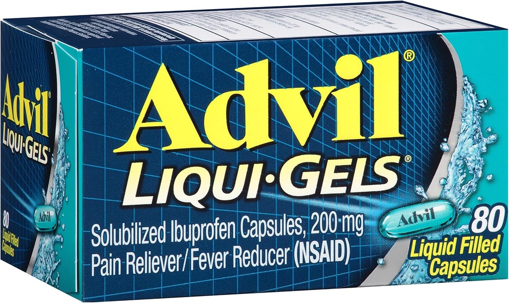 Advil Liqui-Gels smertestillende og feberreduserende, smertemedisin for voksne med Ibuprofen 200 mg for hodepine, ryggsmerter, menstruasjonssmerter og ledd smerte lindring - 80 flytende fylte kapsler