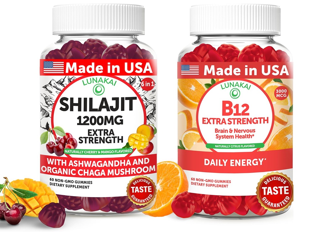 Lunakai USA Made Shilajit & B12 Ekstra styrke Gummies Bundle - Energi, fokus og daglig velvære - Vegan & Delicious