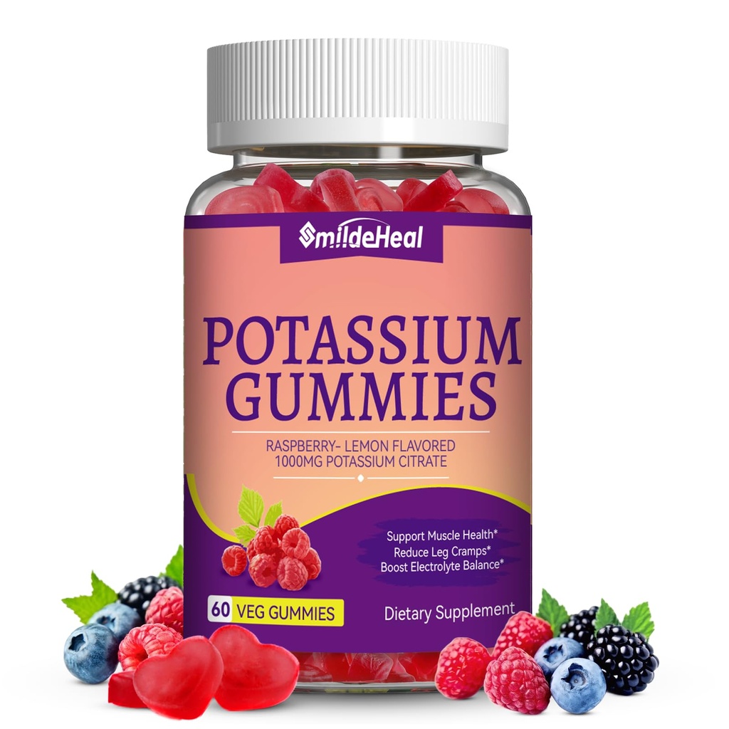 Kalium Gummies, Chewable Kalium Supplement 1000mg for voksne, støtte ben krummer og muskel helse for kvinner og menn - sukkerfri, vegan,60 greve