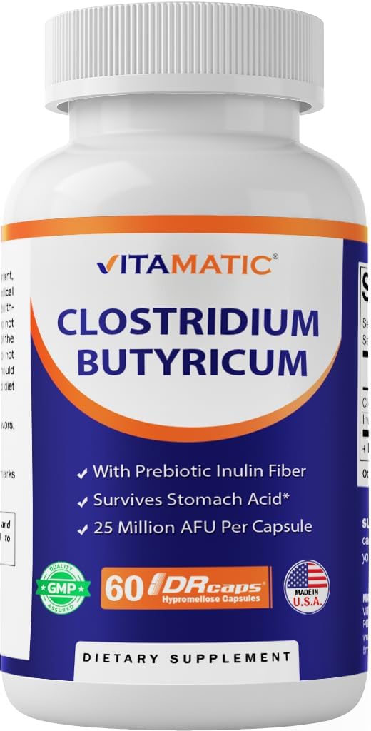 Vitamatic Clostridium butyricum 25 millioner - Gut Health - 60 DR Kapsler (forsinket frigitt) - Laget med Prebiotic Inulin Fiber