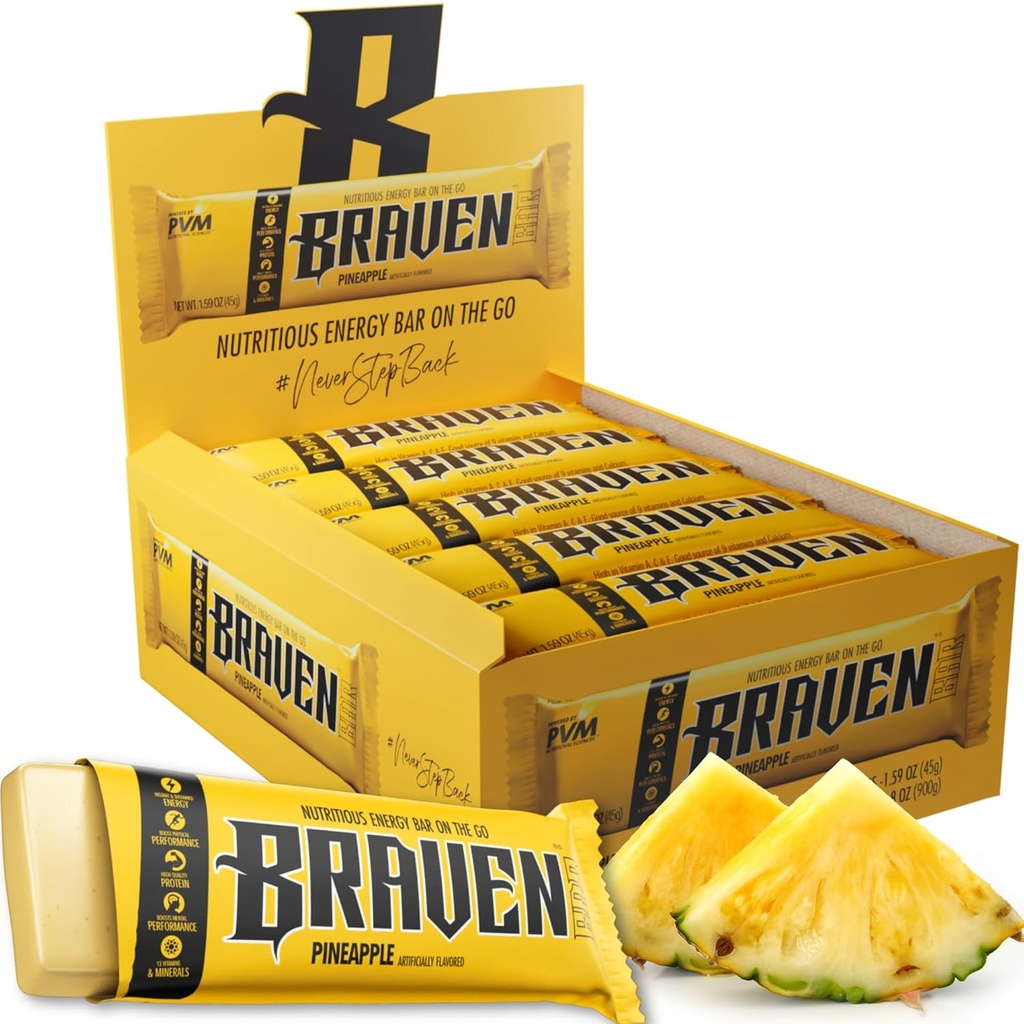 Braven Bar Pineapple Energi Barer (1,59 oz, pakke med 20) – Energi Chews med 5g Protein – On-the-Go Energi Snacks for løping, fotturer og idrett - Glutenfri Snacks for responderbar energi Boost