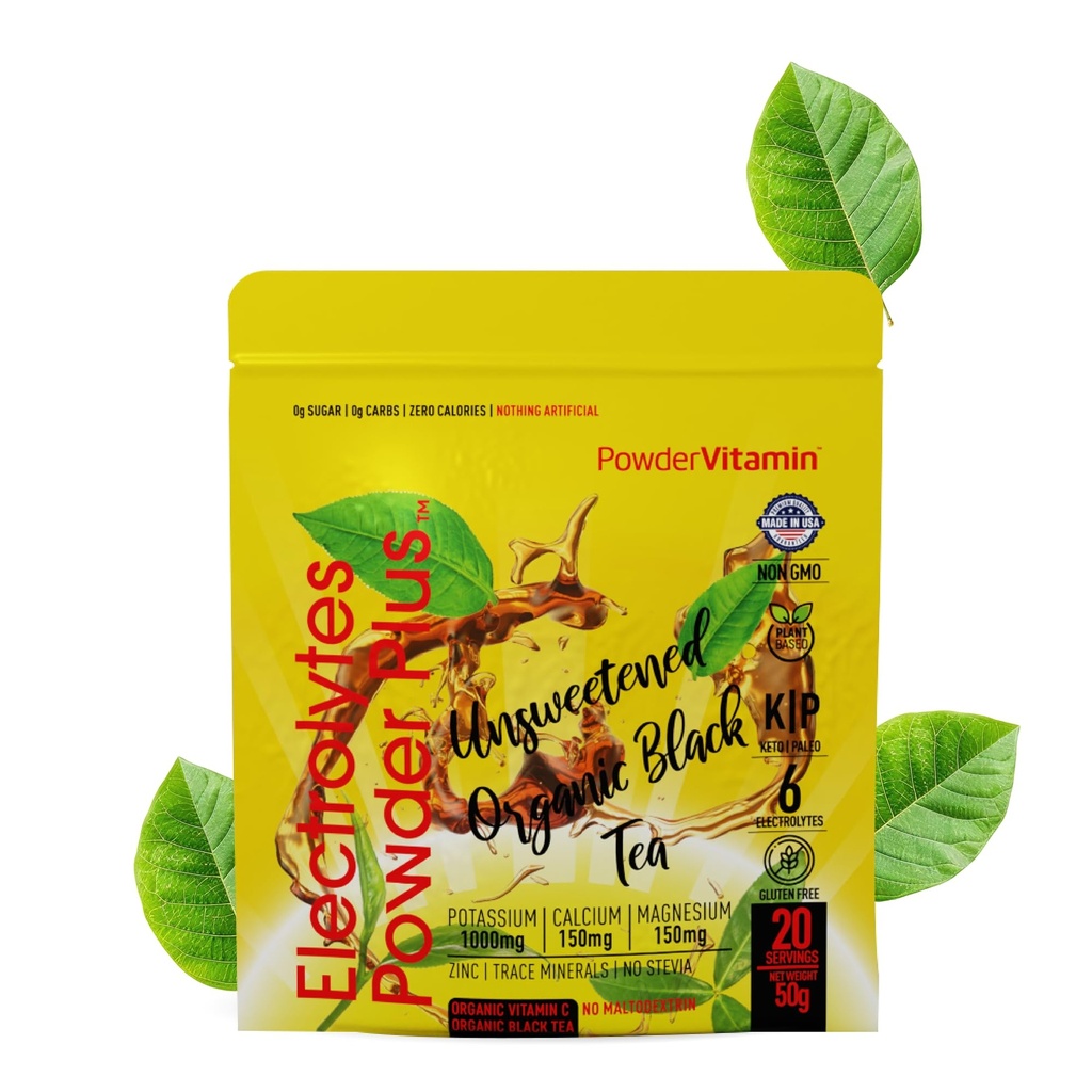 PowderVitamin Electrolytes pulver Plus (20 porsjoner) Unsweeted Black Tea Electrolyte pulver keto,Sugarfree, Pink Himalayan salt, 1000 mgPotassium, 150 mgCalcium, 150 mgMagnesium,Hydration pulver NO STEVIA