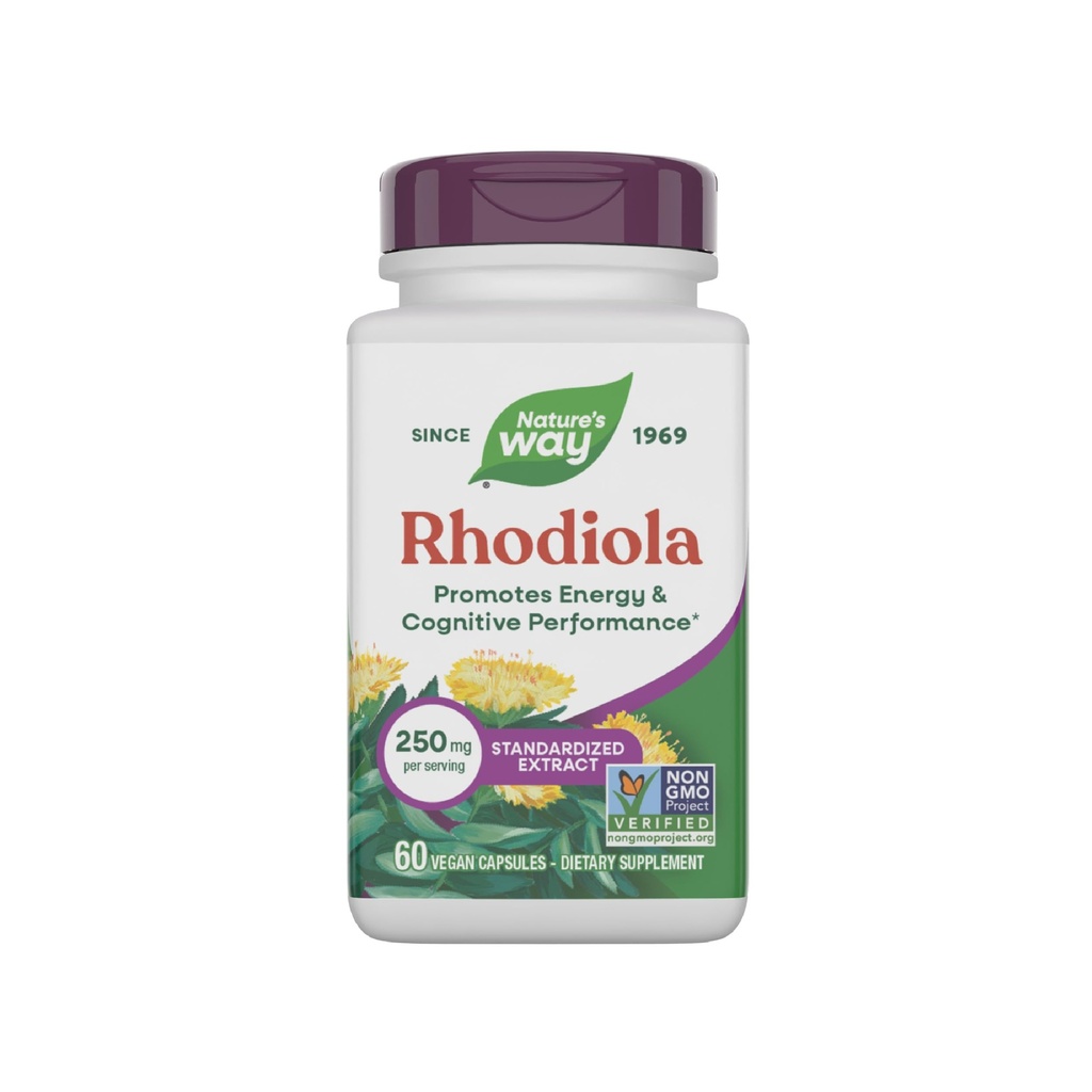 Naturens måte Rhodiola Premium Extract, 250 mg per porsjon, støtter energi og kognitiv ytelse*, Adaptogen Urt*, Ikke-GMO-prosjekt verifisert, Vegan, Glutenfri, 60 kapsler (Packing May Vary)