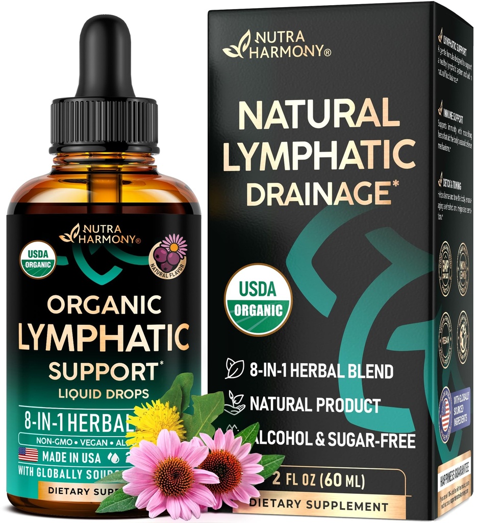 USDA Organic Lymphatic Drainage Supplement - Echinacea | Elderberry | Dandelion | Rosehip | Cleavers | Calendula | Burdock - laget i USA - Lymph System Drops - Immunstøtte, Cleanse & Detox, 2 fl oz