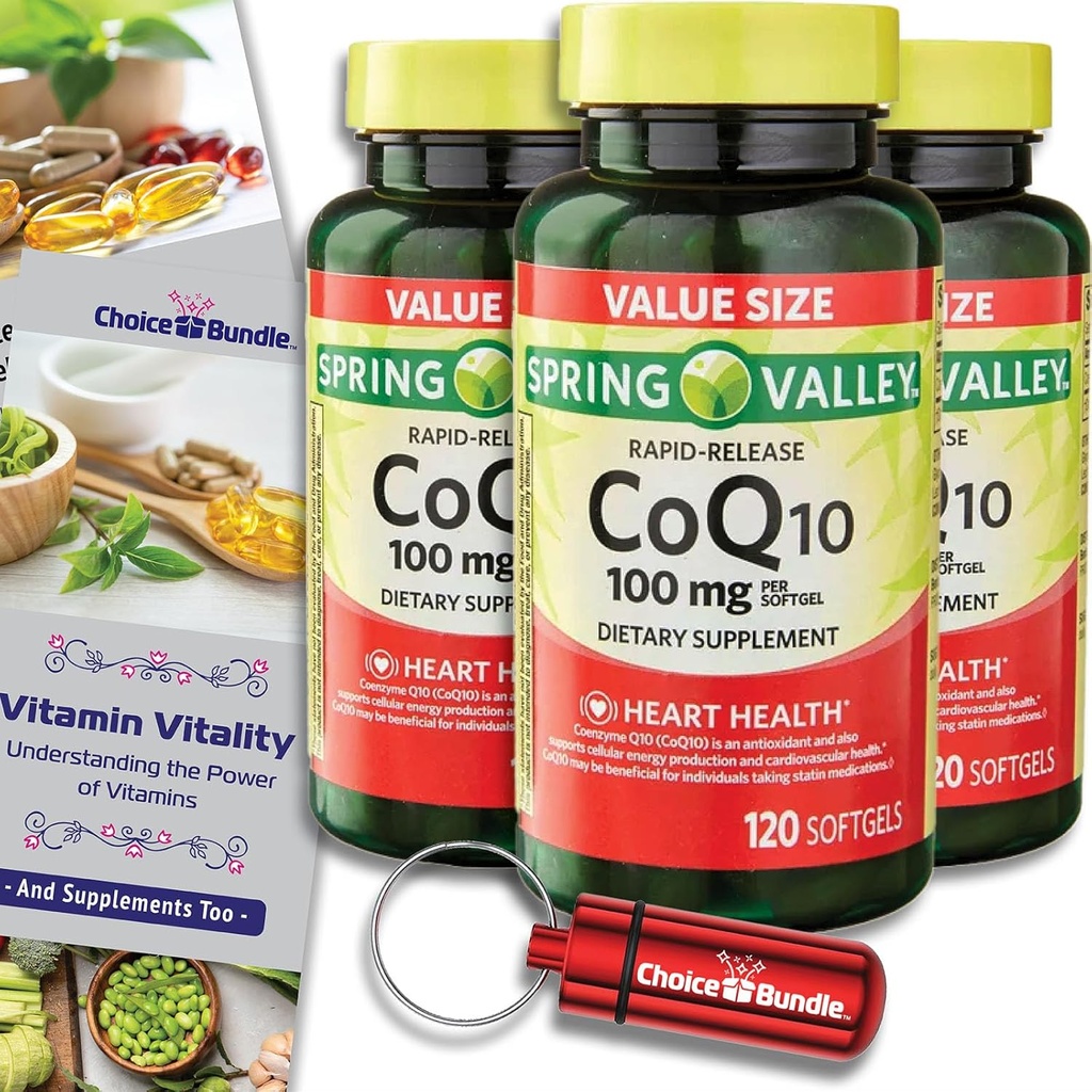 Valg Bundle Spring Valley Rapid-Short CoQ10 Coenzym Q10 100 mg Softgels 120 CT 3 stk (360 Totalt) + Vitamin Guide & Pill Container (5 varer)!