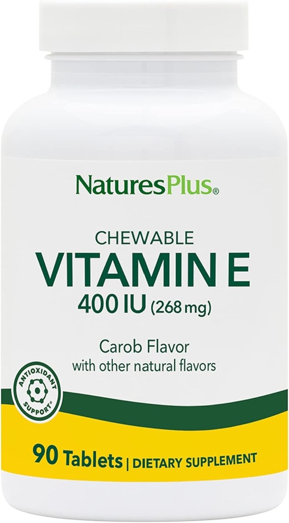 NaturesPlus Vitamin E Chewable - 400 iu, 90 vegetariske tabletter - Naturlig Carob Flavor - Sunn Cardiovaskulær funksjon, gratis radikal forsvars- og generell velvære - Glutenfri - 90 Services