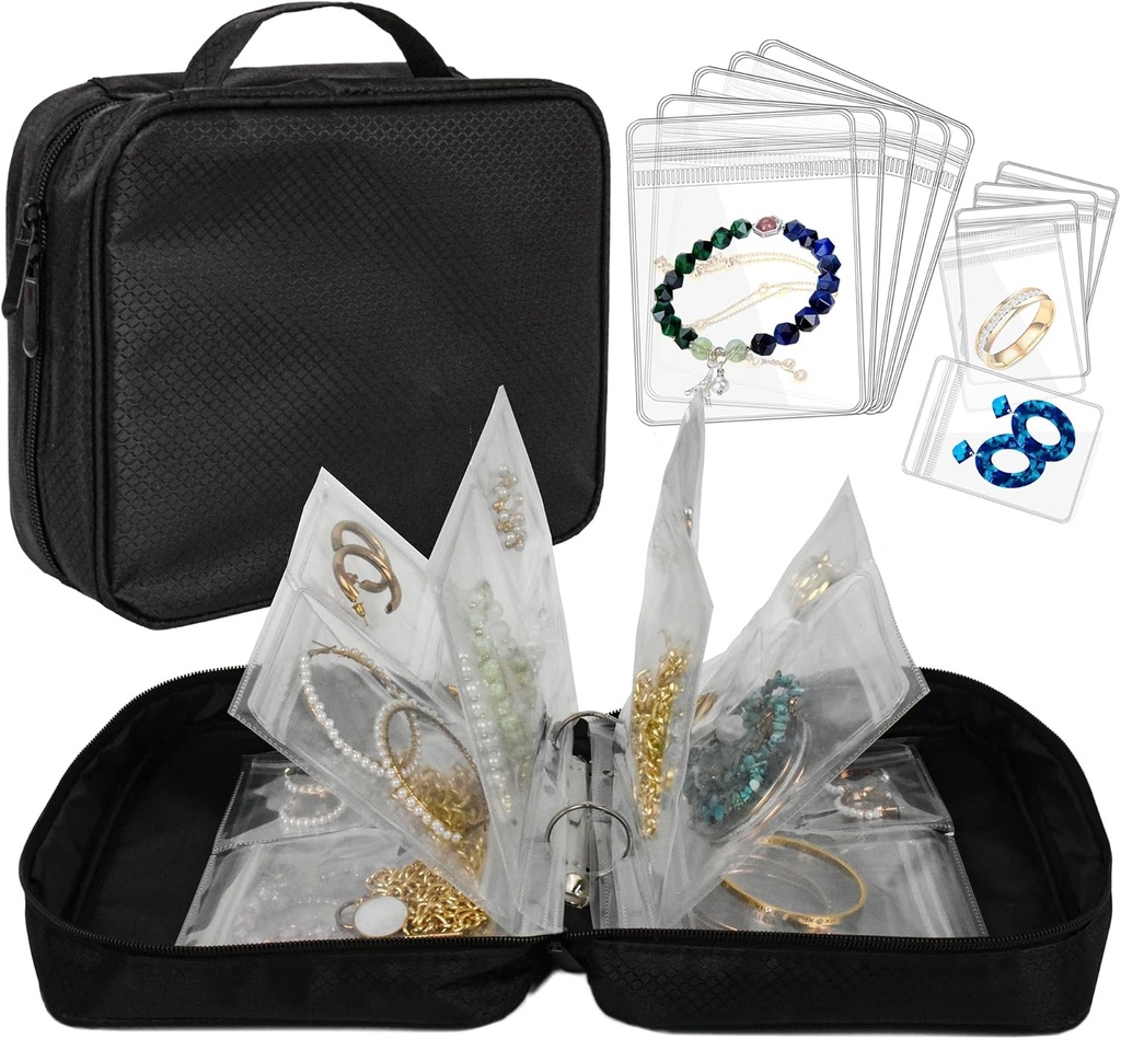 Reise smykker Organizer tilfelle gjennomsiktige smykker lagringsbok Binder veske for øredobber, Ringer, halskjede, armbånd (all-svart)