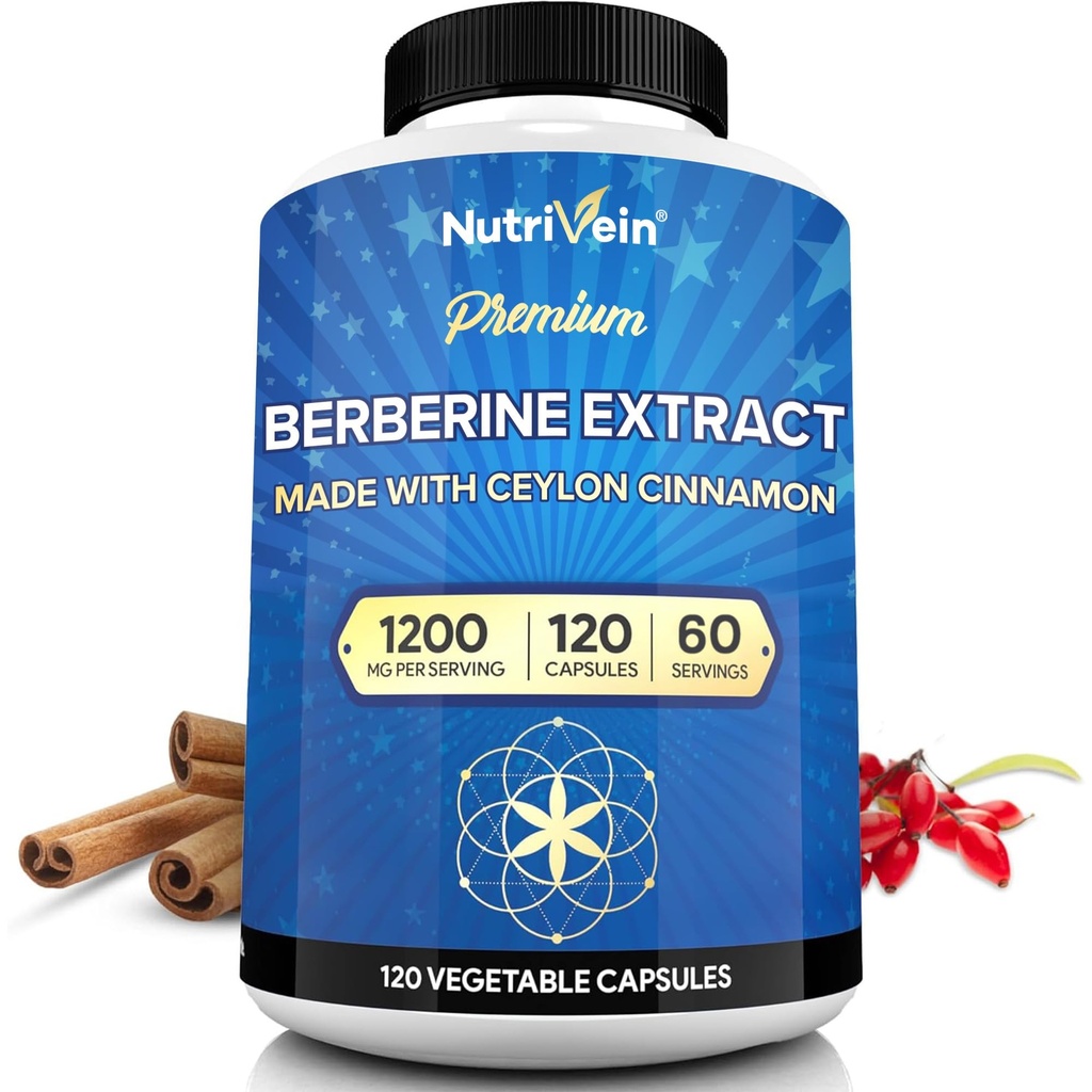 Nutrivein Premium Berberine HCL 1200 mg med ceylon kanel - 120 kapsler: høyabsorpsjon Berberin Supplement for Forsvar, Digestion, & Metabolisme