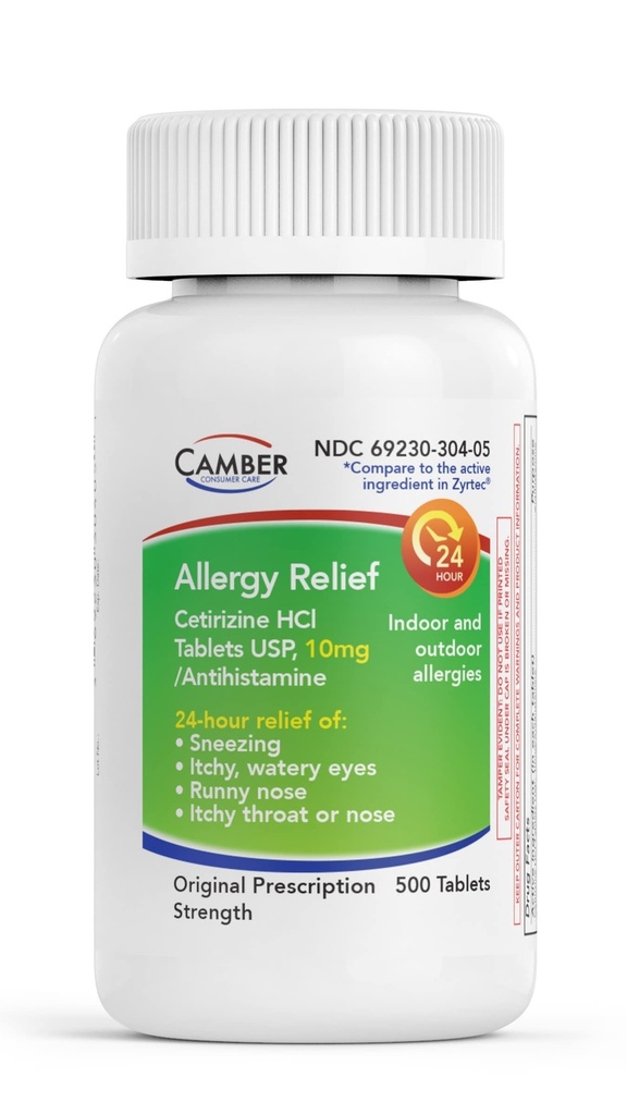 CAMBER-farmasøytika, INC Cetirizin HCI 10mg-tabletter, 24-timers Allergy Relief, Allergimedisin - 500 Teller