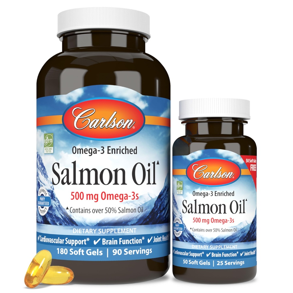 Carlson - Norsk lakseolje, 500 mg Omega-3s, Norsk lakseolje Supplement, Wild Caught Omega 3 Salmon Olje Capsules, Sustainly Sourced, Hjerne, Hjerte og felles helse, 180+50 Softgels