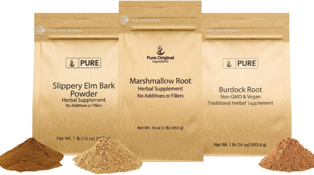 PURE ORIGINAL INGREDIENTS Slippery Elm Bark, Marshmallow Root og Burdock Root Bundle, 1 lb Hver, pulver, Herbal kosttilskudd