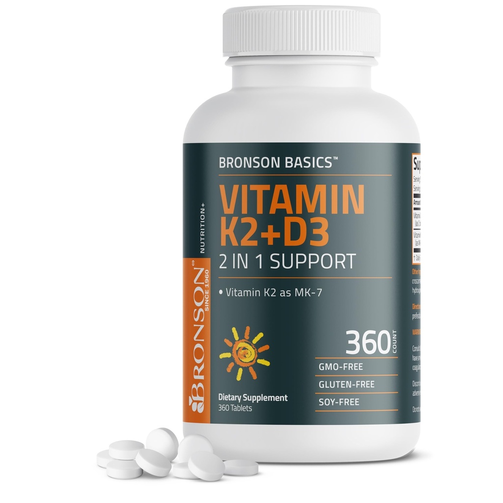 Bronson Vitamin K2 D3 (MK7) Supplement ikke-GMO Formula D3 5000IU (125 mikrog) og 90 mikrog K2 MK-7, lett å svelge D & K kompleks, 360 tabletter