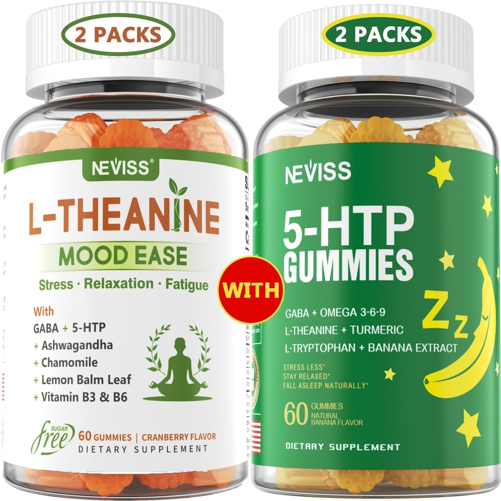 NEVISS Sukker Gratis L-Theanine Calm Gummies 120 greve + sukker gratis 5-HTP Gummies 120 greve