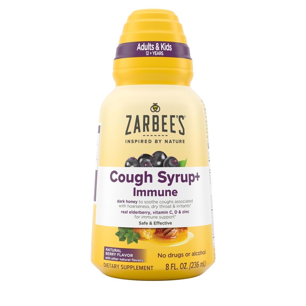 Zarbee 's Naturals Komplett dagtid Cough Syrup + Immune med mørk honning, ekte eldrebær, vitamin C, D & sink, 8 oz flaske