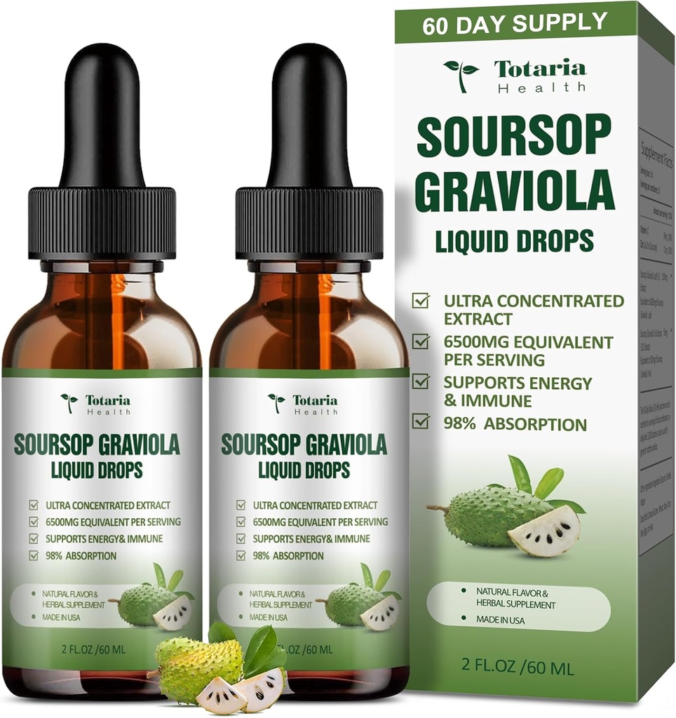 (2 pakker) Rent Soursop Graviola flytende Drop Support Digestiv hudhelse, søvn og antioksidant - Guanabana olje organisk blad eksakte Soursop bitere flytende dråper, naturlig flavor, ikke-GMO, Vegan, 4 fl Oz