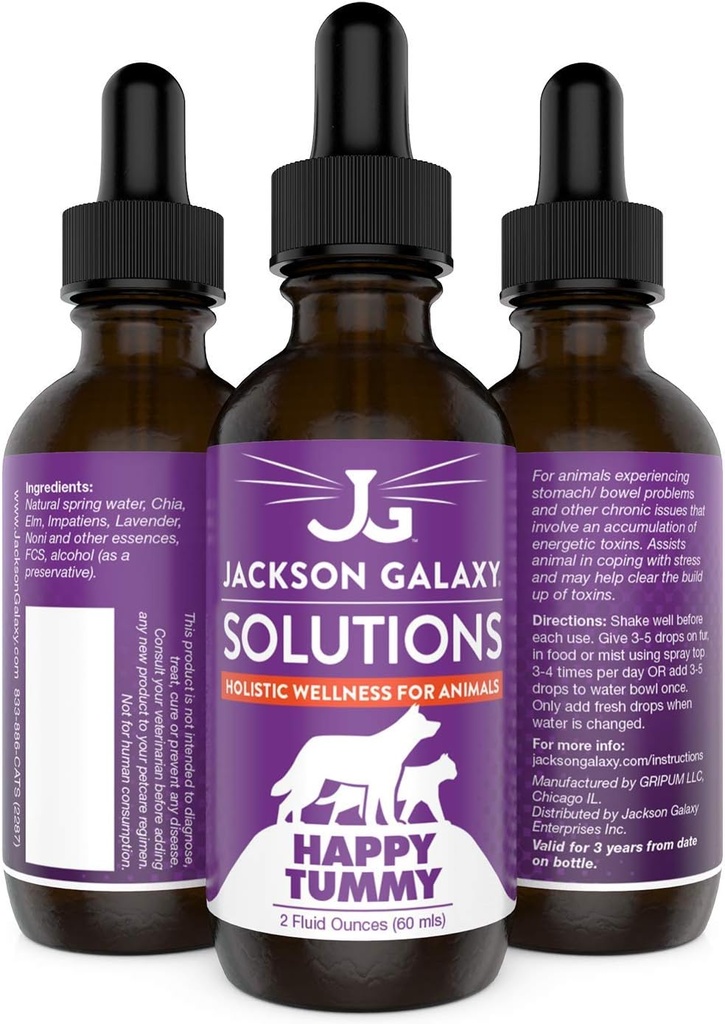 Jackson Galaxy: Happy Tummy (2 oz.) - Pet Solution - Hjelp med stress og utladende toksiner - kan hjelpe med mageproblemer (IBD, parabol, etc.) - Naturlig formel - Reiki Energi