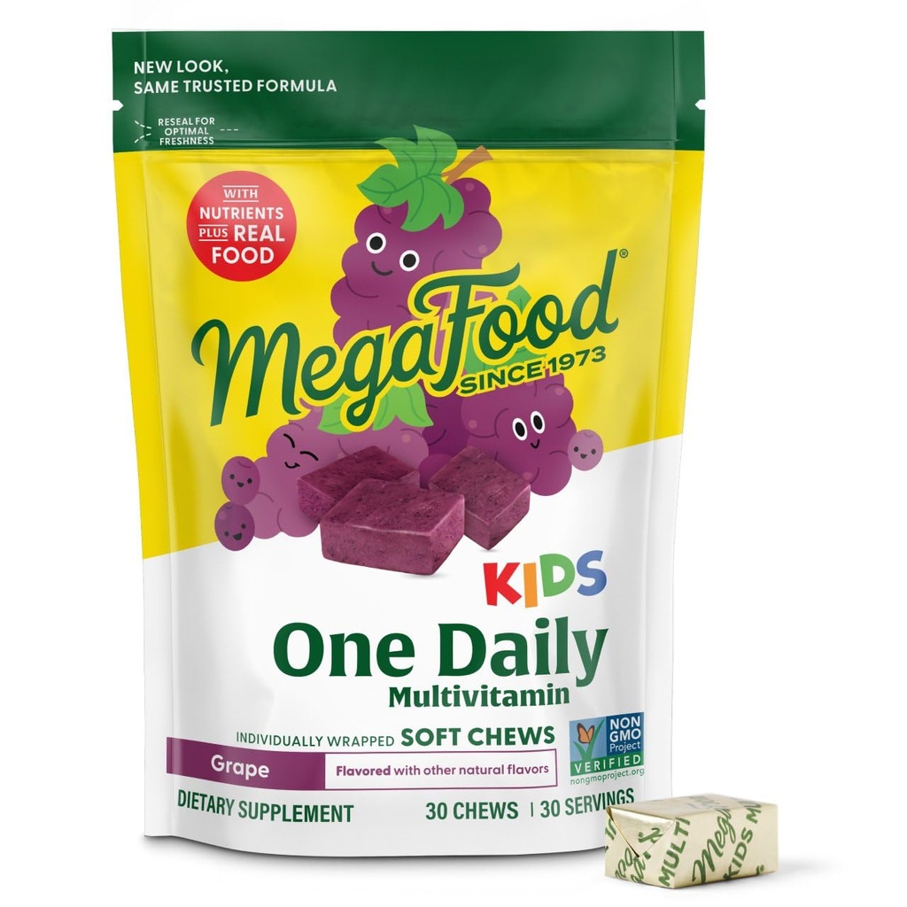 MegaFood Kids En daglig Multivitamin Mykt Chews - Barn Vitaminer med vitamin B, Vitamin C, Vitamin D & Vitamin E - Alder 4+, Vegetarisk, laget uten 9 Matallergier - Grape Flavor - 30 Chews