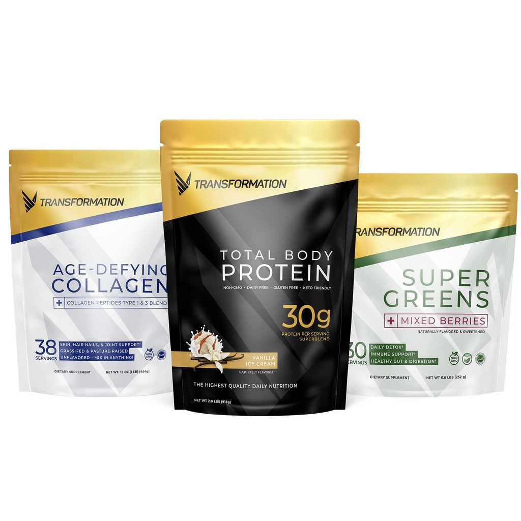 Transformasjon Vanilla Protein Powder ® 30G Multi-Protein Superblend + Grass-Fed Hydrolysert Collagen Peptides pulver-hår, hud, negler + organisk Super Greens Superfood Powder- Immune & Energy Support