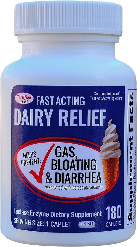 Raskvirkende Lactase 180 Caplets Generisk Lactase Fast Act 9000 FCC enheter per Caplet
