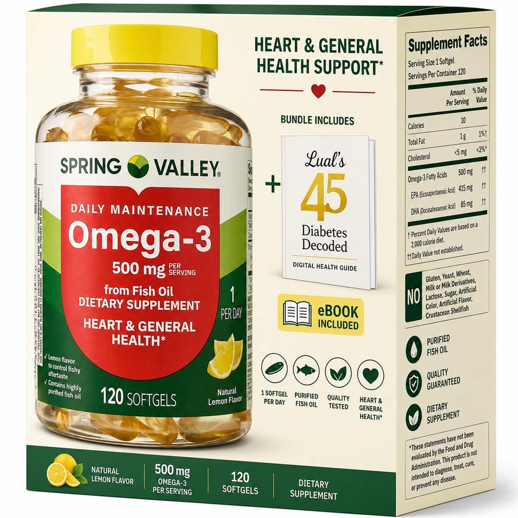 Spring Valley Omega-3 fra fiskeolje 500 mg 120 greve, SoftGels, generell og hjerte helse kosttilskudd Bundle med Luall 45 Diabetes Dekodet