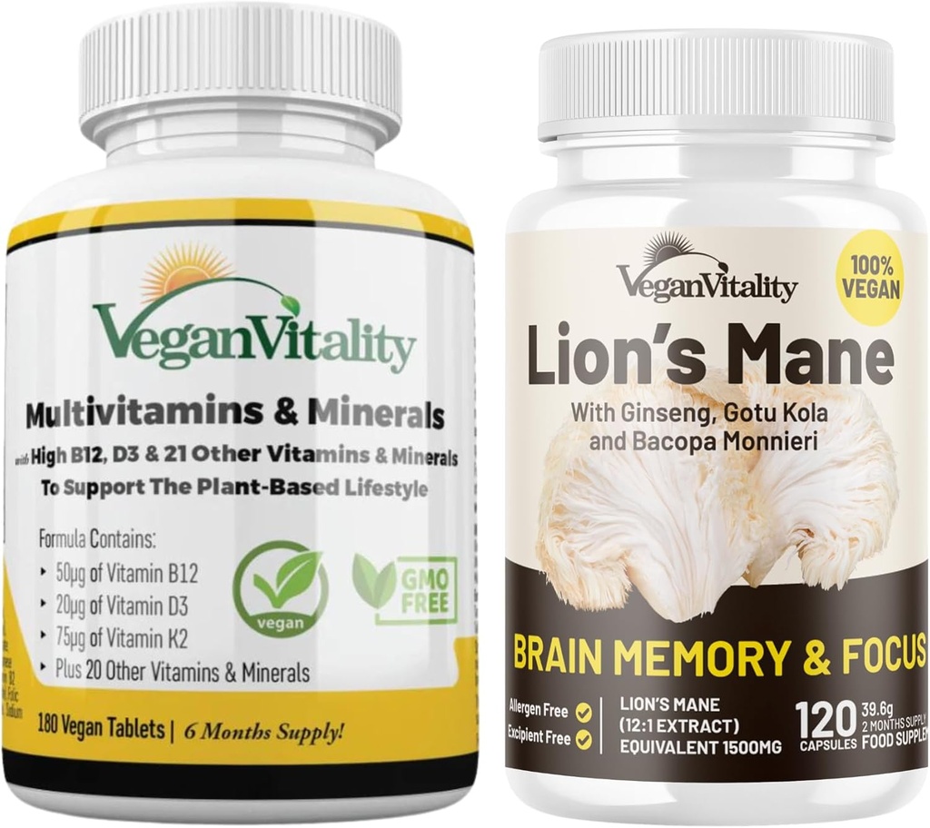 Vegan Vitality Lion's Mane x generell helse Combo Bundle - 6 måneders løve og multivitaminer