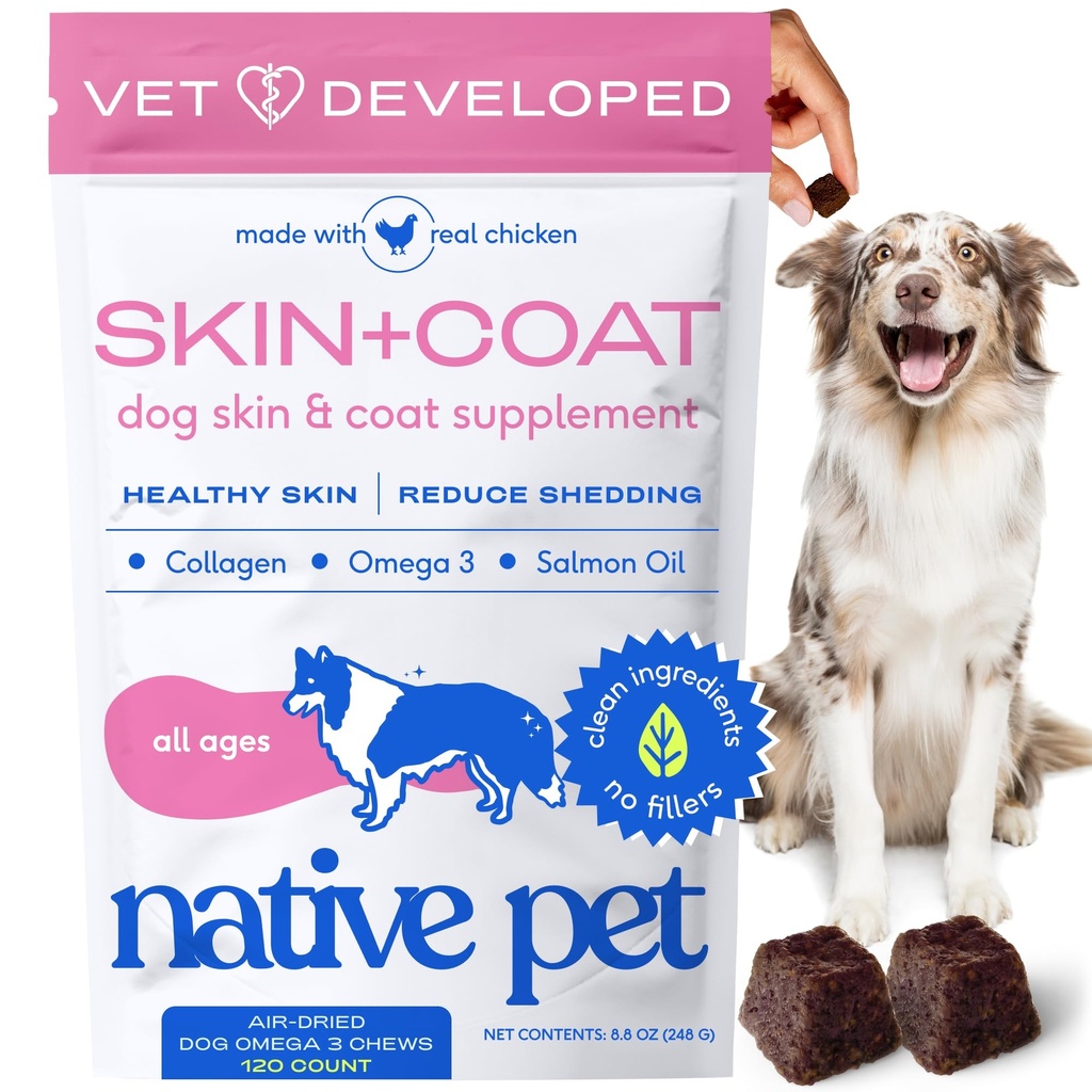 Native Pet Omega Hud og Coat Chews for hunder - Hundhud og Coat Supplement for sunn, skinnende Fur, Redusere shedding og tørr flekker - laget med Omega 3 fiskeolje og villkledd lakseolje - 120 Chews