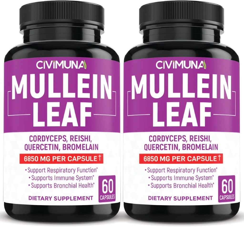 (2 pakker) Mullein Leaf Kapsler 6850mg - Mullein Leaf, Cordyceps, Reishi - 4 måneders forsyning