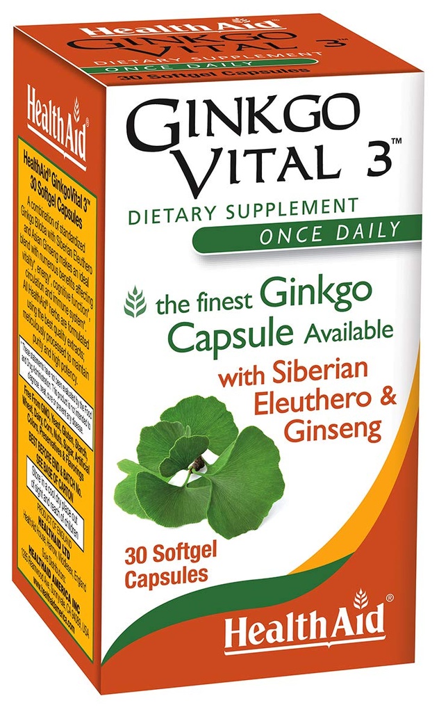 HealthAid Ginkgo Vital 3 – En gang daglig mykgel med Ginkgo Biloba, sibirsk eleuthero & koreansk ginseng | Støtter mental klarhet og sirkulasjon | 30 Softgels