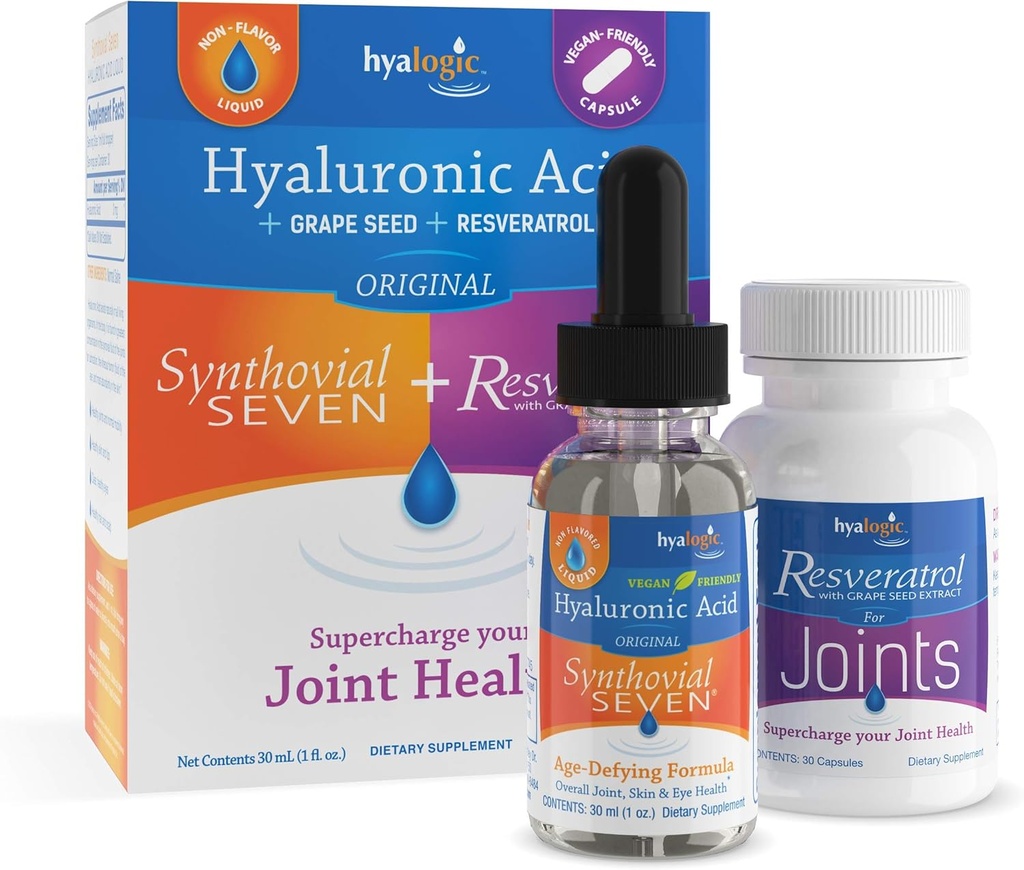 Hyalogic Synthovial syv hyaluronsyre væske & resveratrol kapsler - HA støtte - Vegan - 1 oz