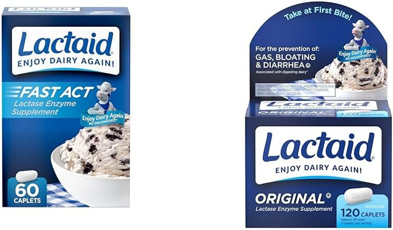 Lactaid Fast Act 60-Pack Original Styrke 120-Count Lactose Intolerance Caplets med 9000 FCC Lactase enheter