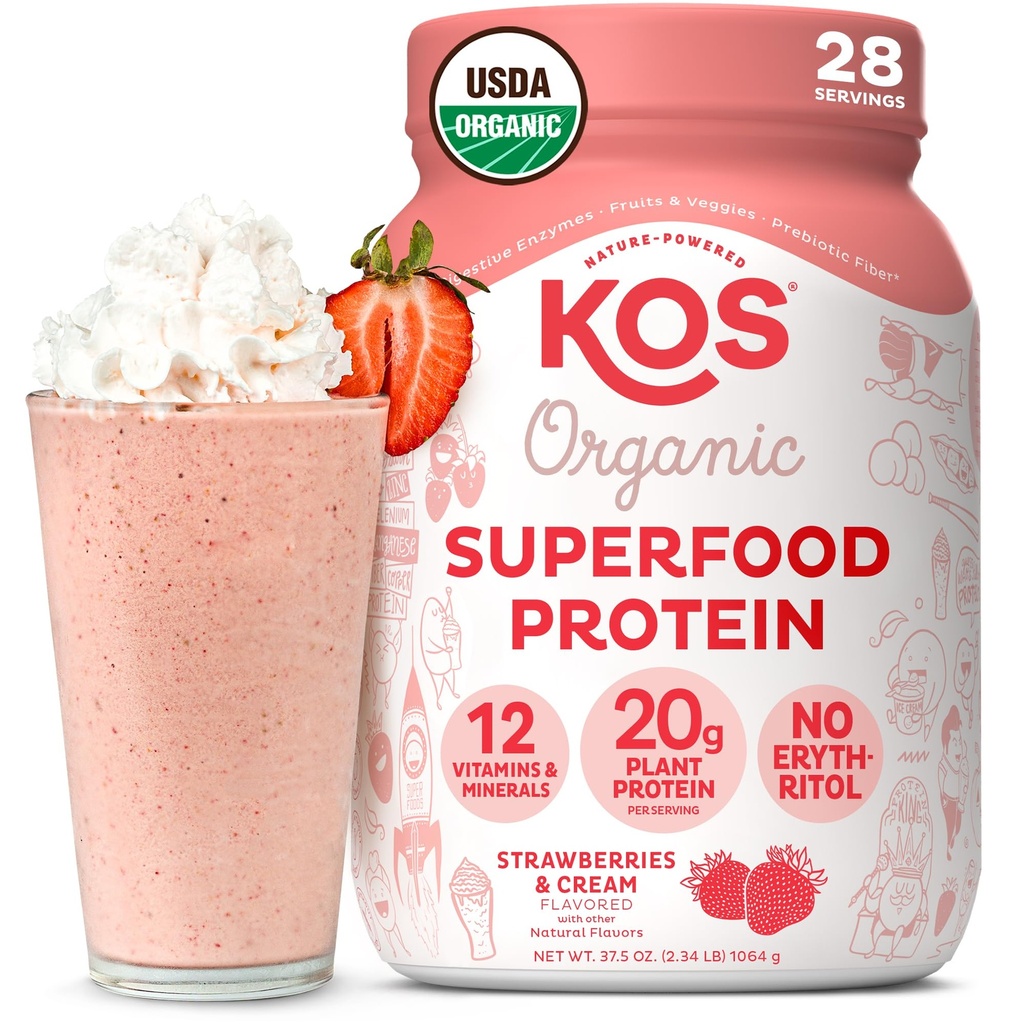 KOS Vegansk Protein pulver, Jordbær & krem USDA Organisk - Lav karbohydrater proteinblanding, plantebasert supermat med vitaminer og mineraler, Glutenfri - Måltid erstatning for kvinner og menn - 28 Serveringer